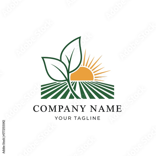 A logo featuring a sprouting plant in front of a rising sun over a cultivated field.