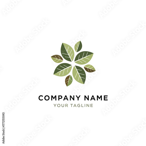 A minimalist logo design featuring a circular arrangement of green leaves, suitable for eco-friendly businesses.