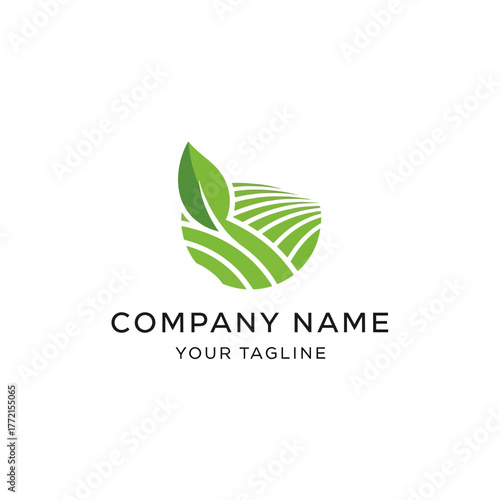 Green logo design featuring a leaf and a stylized agricultural field, suitable for farming or eco-friendly businesses.
