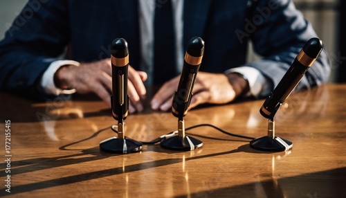 Close-up of conference meeting microphones and businessman.