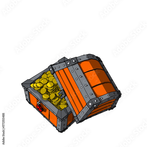 Filled by Coins Medieval Chest with Broken Padlock and Lid. Vector Illustration.