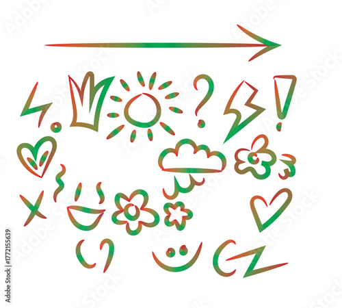 Whimsical Doodles Icons Vector Graphics Set Over Transparent Background, Featuring Decorative Art Symbols Hearts Arrow Clouds Smiley Face