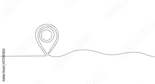 A location pin and route created with one single continuous line art, minimalist vector drawing for navigation and journey concepts