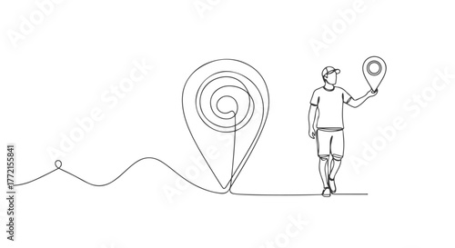 Minimalist one line continuous art illustration of a person holding a location pin, symbolizing navigation, journey, and destination discovery