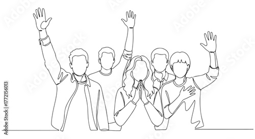 Continuous one line art drawing of a cheerful group of young people waving their hands together