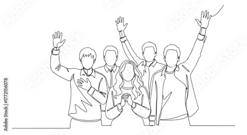 Continuous line art drawing of a diverse group of people waving, a single continuous line creating a cohesive artistic representation