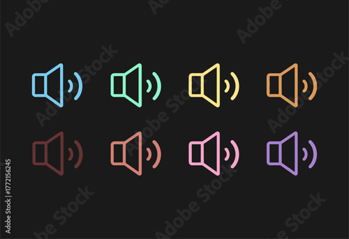 Neon Speaker Icons - Volume Control and Audio Representation.