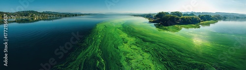 A serene water body with vibrant green algae, bordered by trees, reflecting a clear sky, showcasing nature's beauty and ecological balance.