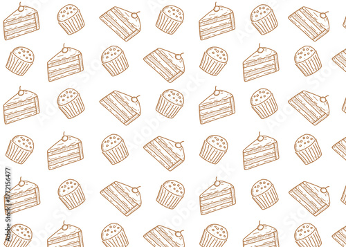 Seamless pattern of hand-drawn cakes and muffins in doodle line art style. Perfect for bakery packaging, café branding, wrapping paper, textile design, and background decoration. Food packaging