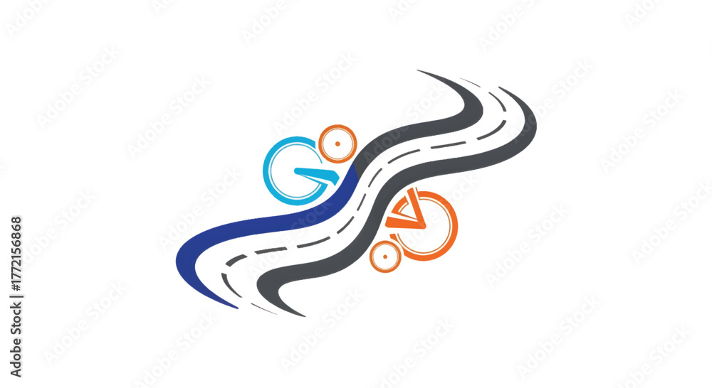 Obraz premium Abstract winding road with two stylized cyclists, blue and orange, riding along curves. across bends