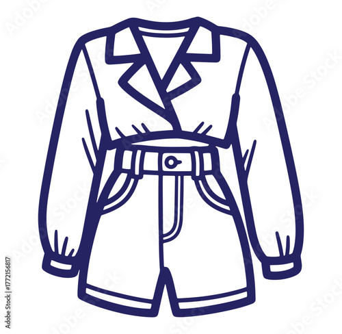 A stylish illustration depicting a trendy outfit featuring a blouse and shorts combination