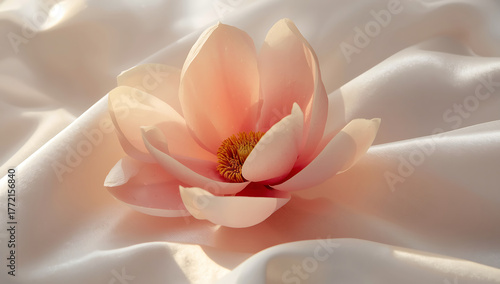 Magnolia flower with delicate soft pink petals, macro view of blooming floral beauty, elegant natural background symbolizing purity and serenity