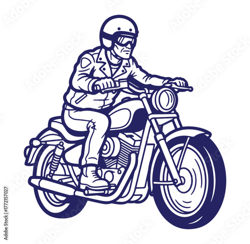 Classic motorcycle rider in leather jacket and helmet driving on open road