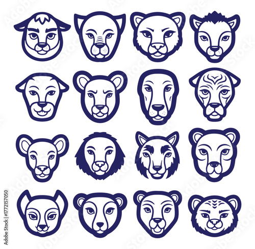 Collection of stylized animal head silhouettes featuring lions cheetahs and other big cats
