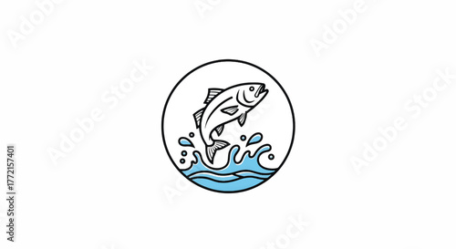 Circle emblem with a leaping fish over blue waves bold black outlines and splash accents. in circle