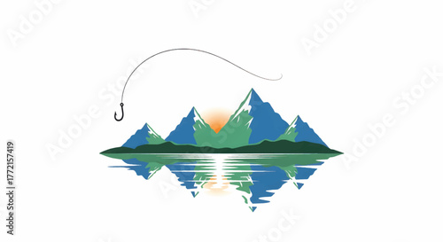 Fishing rod arcing over jagged bluegreen mountains sunrise glow on mirrored lake and calm air above