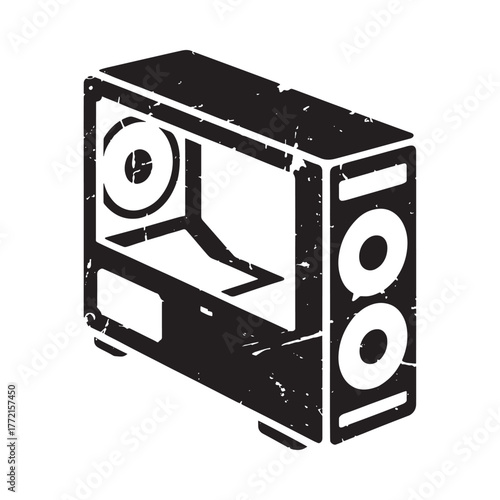 Black and white illustration of an empty computer tower case