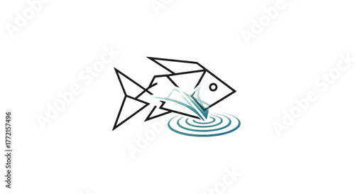 Geometric black fish formed by angular polygons, spouting cyan ripples and concentric waves. afloat
