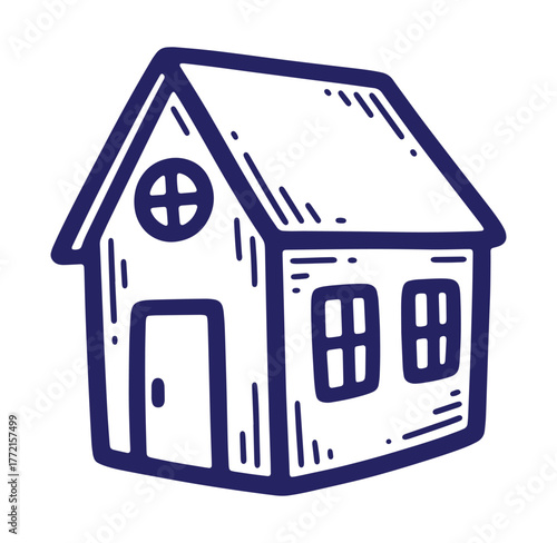 Hand drawn illustration of a small blue house on a white background simple and cute.