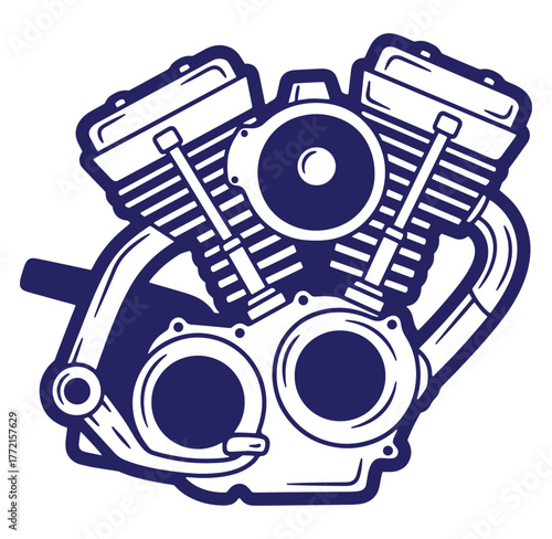 Intricate vector illustration of a classic v twin motorcycle engine detailed design