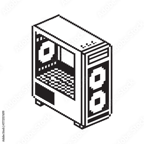 Isometric illustration of a modern computer tower case with fans