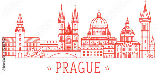 Prague Skyline Sketch with Charles Bridge, Prague Castle and Old Town Landmarks | Hand Drawn Cityscape Illustration for Travel Poster, Wall Art and Tourism Promotion