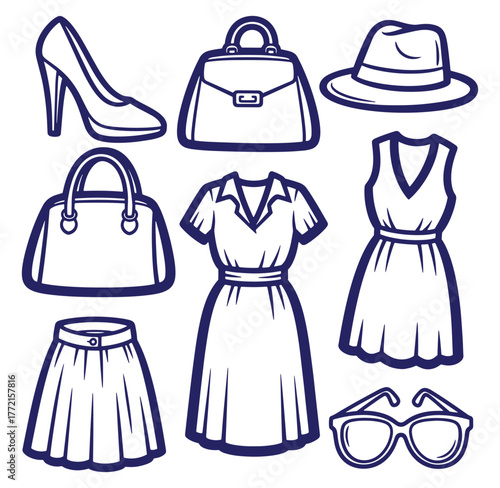 Outlined vector illustration of fashion accessories and clothing items in a flat design