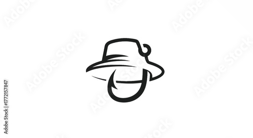 Minimal black brush-stroke illustration of a stylish hat with a curved brim and abstract loop mood!!