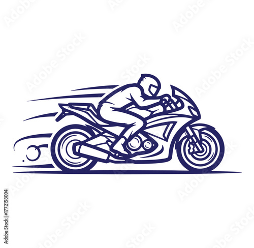 Silhouette of a sport motorcycle rider speeding with motion blur on white background
