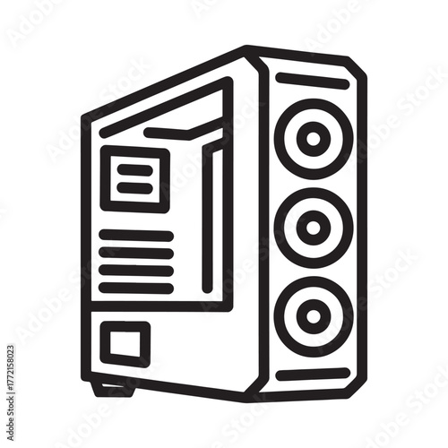Stylized line art icon of a modern computer tower case