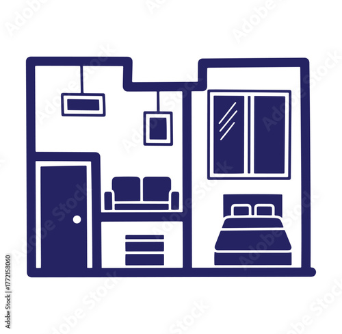 Simple blue and white illustrated floor plan design with modern apartment room layout