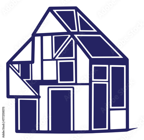 Simple blue and white illustration of a modern house with geometric design