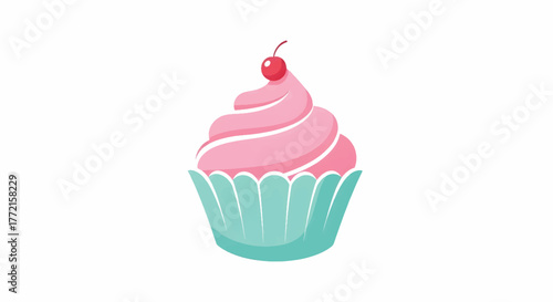 Pastel pink frosted cupcake with a cherry on top, nestled in a turquoise scalloped wrapper. so cute