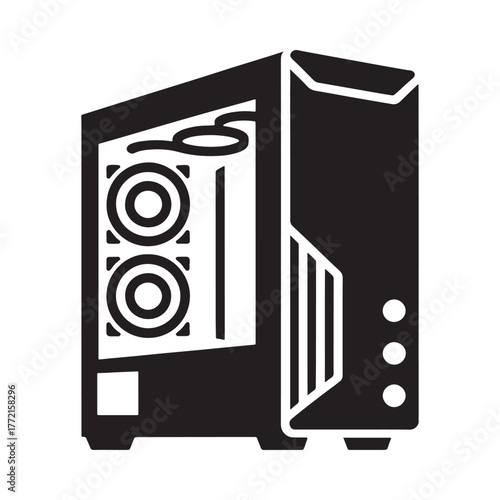 Black and white illustration of a modern computer tower case