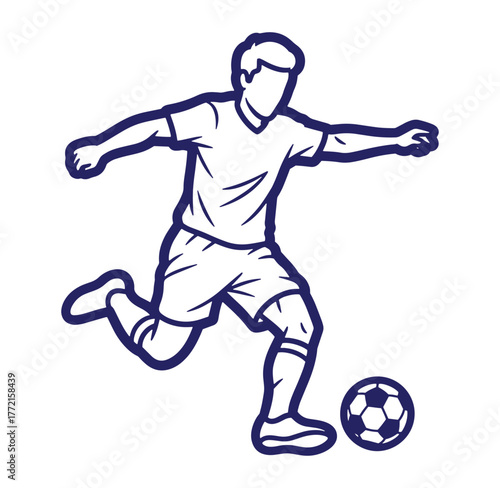 Soccer player kicking the ball action illustration in minimalist outline style