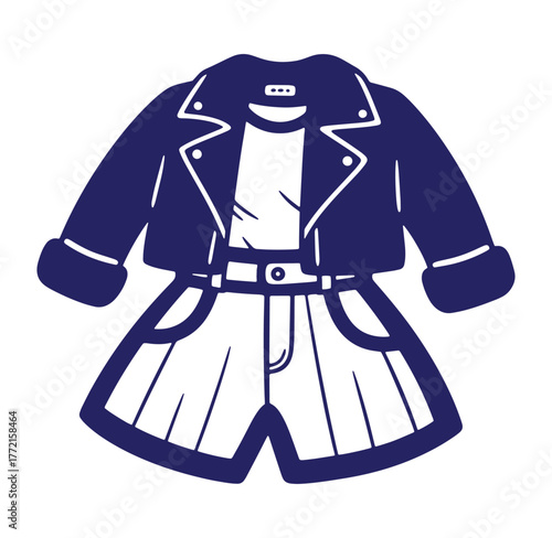 Stylish blue and white hand drawn outfit of a jacket shorts and t shirt illustration