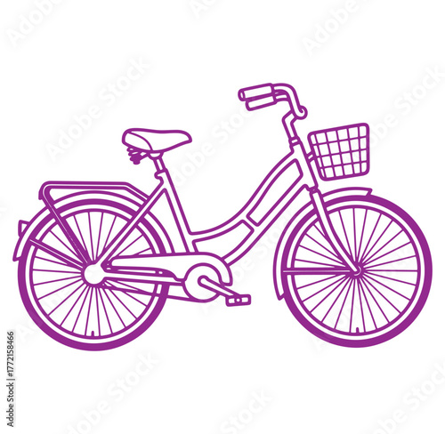 Stylish purple outline illustration of a classic bicycle with a basket and retro design