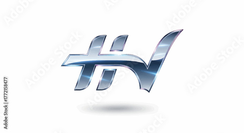 Shiny metallic logo with blue gradient, glassy reflections, curved strokes, floating silhouette glow