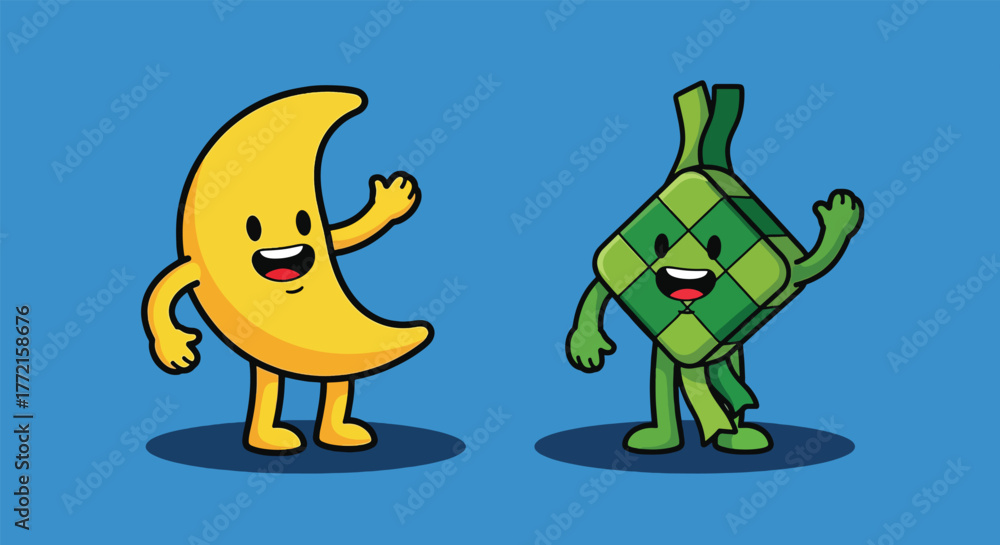 Obraz premium Adorable Cartoon Crescent Moon and Ketupat Waving Hello.