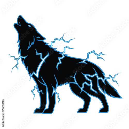 A striking silhouette of a howling wolf with electric blue lightning effects, symbolizing power and energy isolated on white background