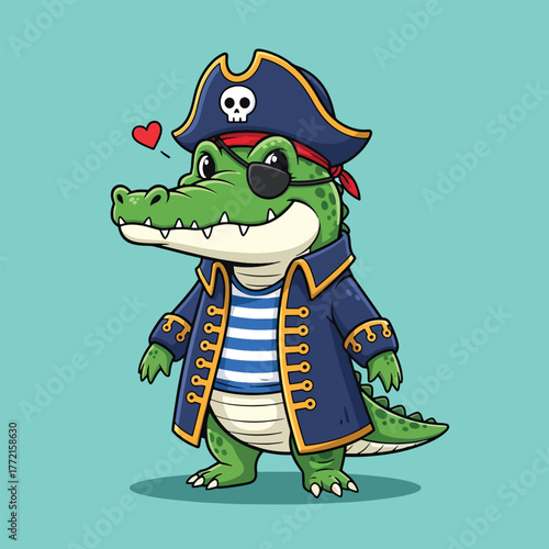 Adorable cartoon alligator dressed as a pirate with an eye patch and hat.