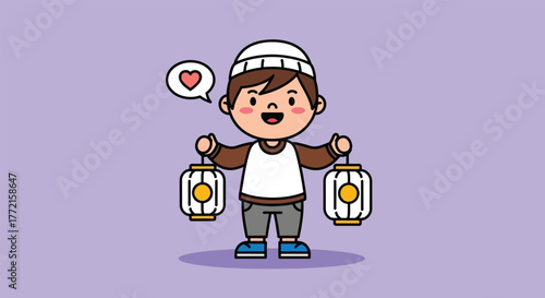 Adorable cartoon boy holding two decorative lanterns with a heart symbol above.