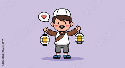 Adorable Cartoon Boy Holding Ramadan Lanterns with Love Heart.