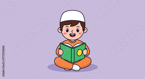 Adorable cartoon boy in a white kufi reading a green book.