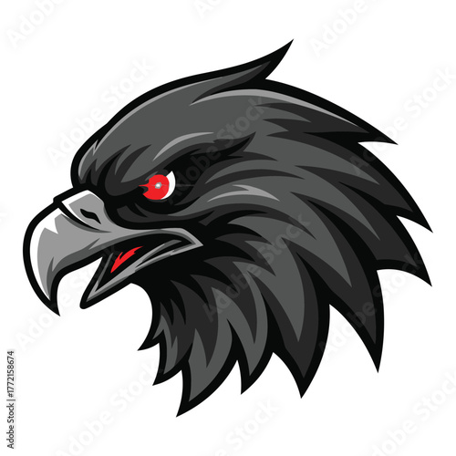 Eagle head mascot logo design with red eye isolated on white background bird of prey vector illustration for sport team or club