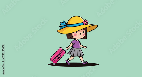 Adorable Cartoon Girl with Yellow Sun Hat and Pink Suitcase Walking.