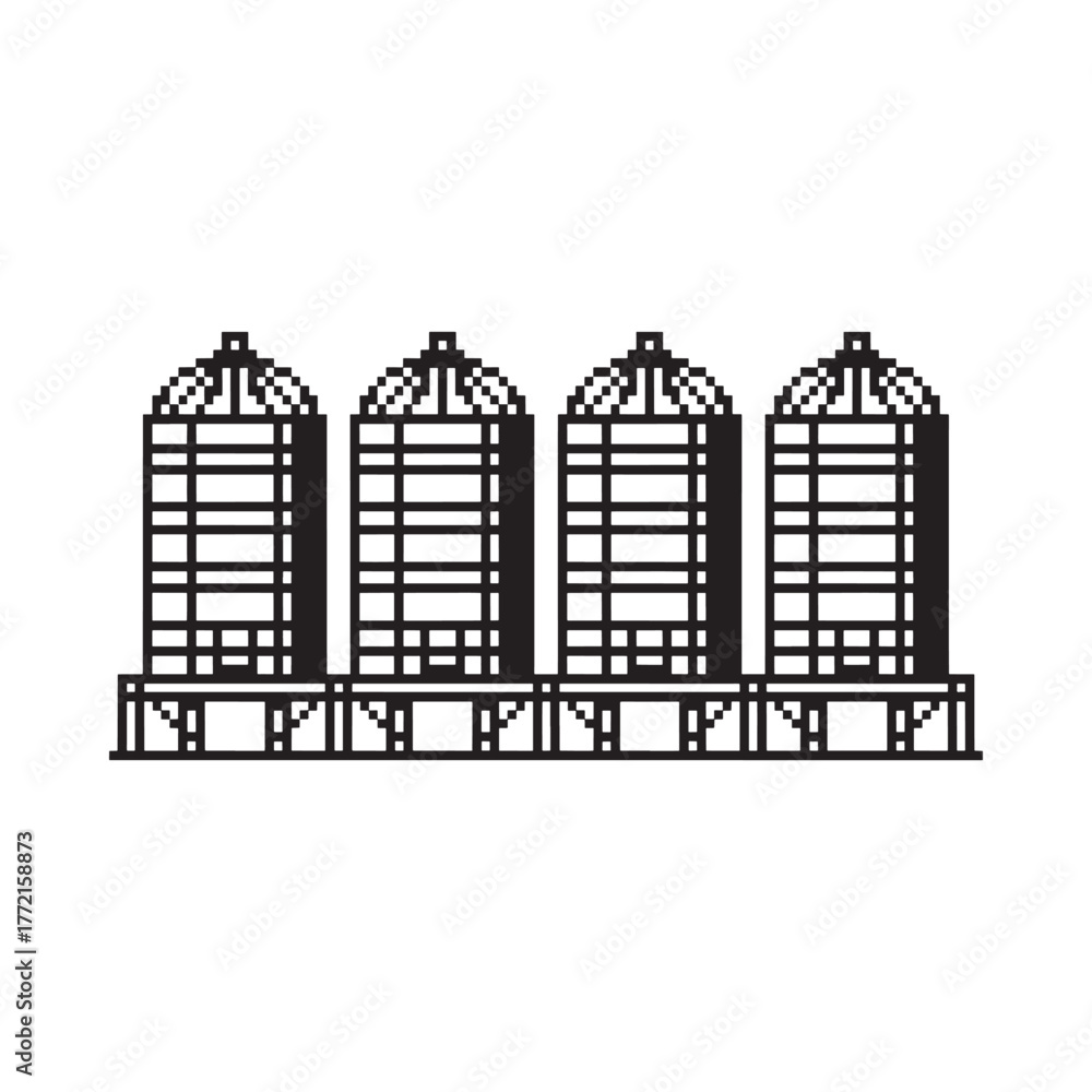 Fototapeta premium Row of four industrial grain silos on a platform