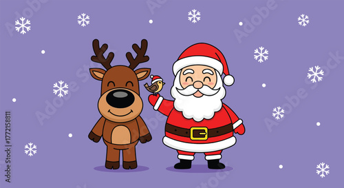 Adorable Cartoon Santa Claus and Reindeer with Festive Snowflakes.