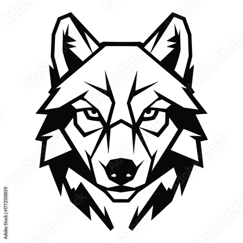 A geometric wolf head is shown in a black and white vector illustration with a serious expression, isolated on white background