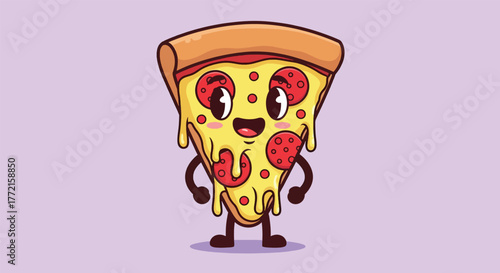 Adorable Cartoon Slice of Pepperoni Pizza with a Happy Face.